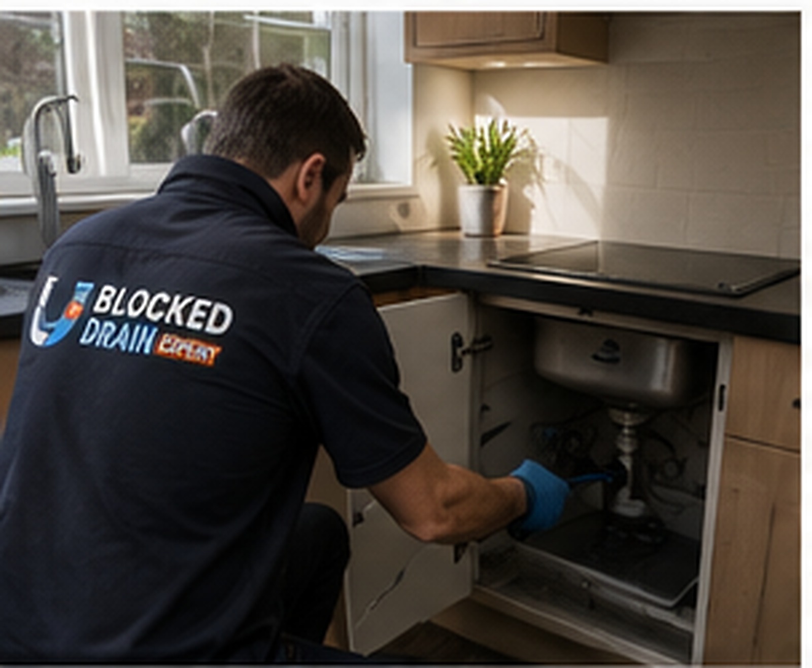 Drainage work beneath a kitchen sink